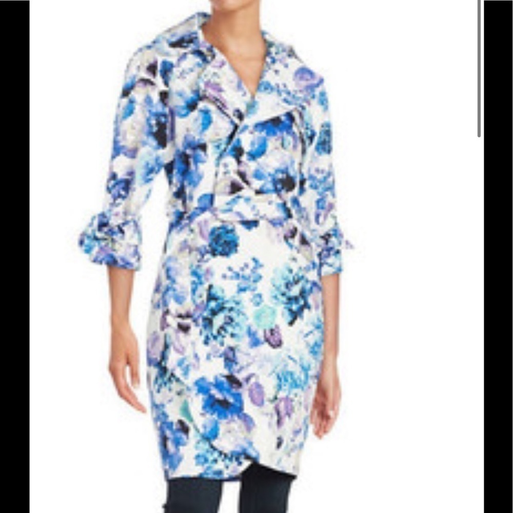 NWT Eliza J Women’s Blue Floral MULTICOLOR Trench Coat Sz XS MSRP $240